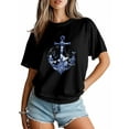 thumbnail image 3 of Women's T-Shirt Nautical Anchor Waves Short Sleeve Casual Tee Classic Crew Neck T Shirt for Women Black, 2XL, 3 of 7