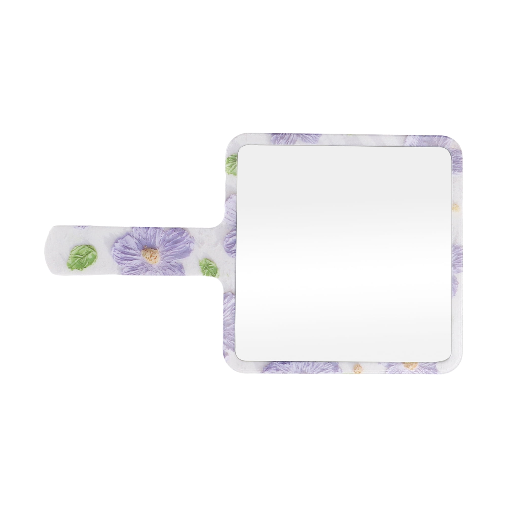 Unique Bargains 1 Pc Women Floral Square Handheld Mirror for Business Travel Purple White