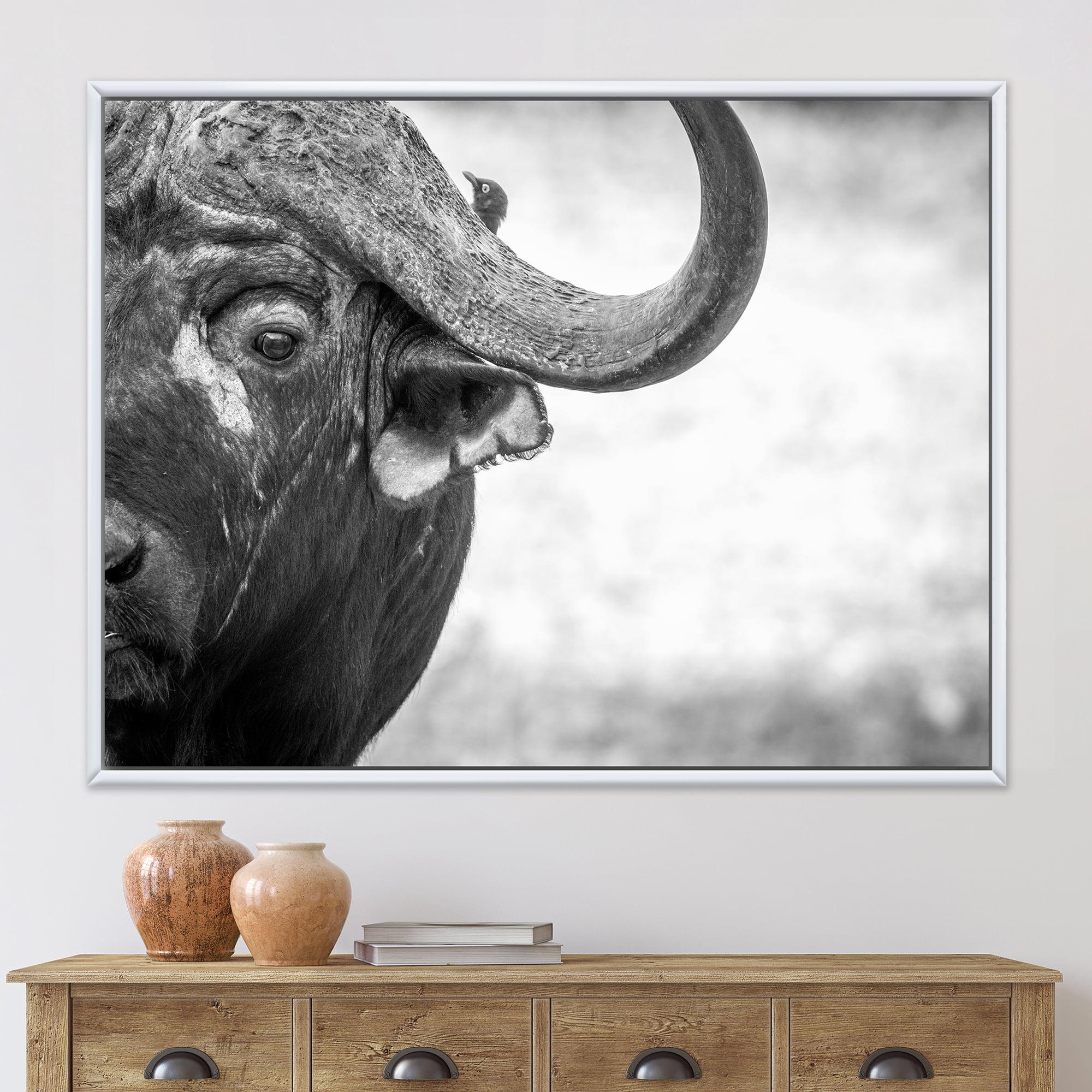 Black and White Portrait Of Buffalo III 40 in x 30 in Framed Photography Canvas Art Print, by Designart