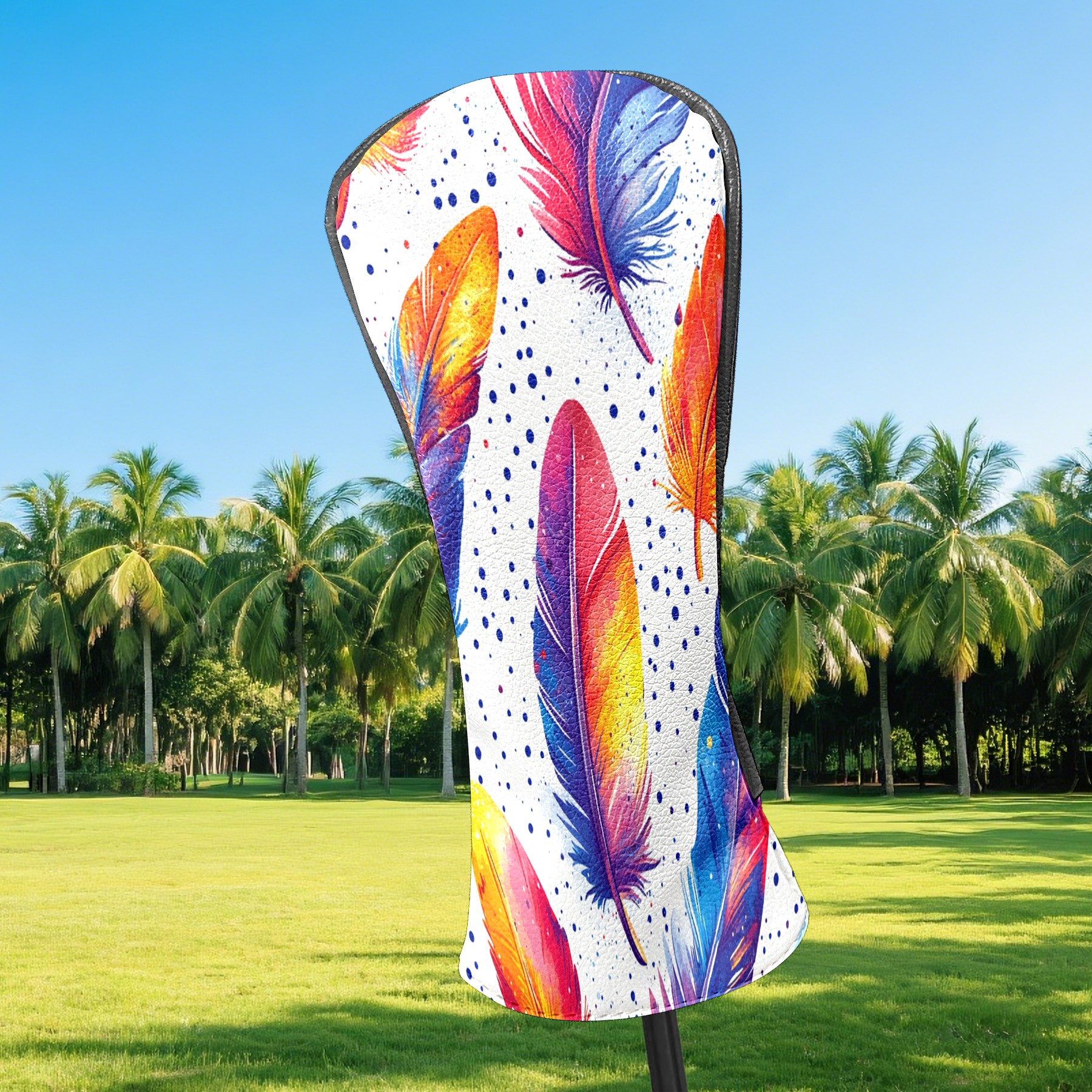 Golf Club Covers, Rainbow Feathers Premium PU Leather Driver Hybrid Putter Head Covers with Velvet Lining, Waterproof Golf Gifts for Men Women