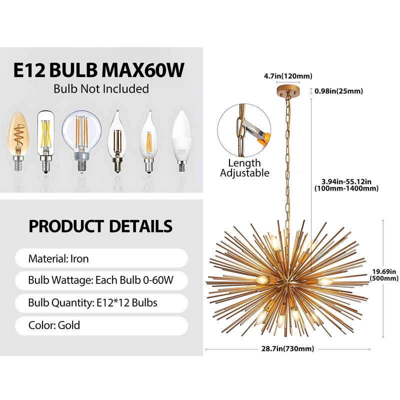 29" Mid-Century Modern 12-Light Starburst Chandelier – Gold Sputnik Pendant Light Fixture for Living Room, Dining Room, or Foyer (Bulb Not Included)