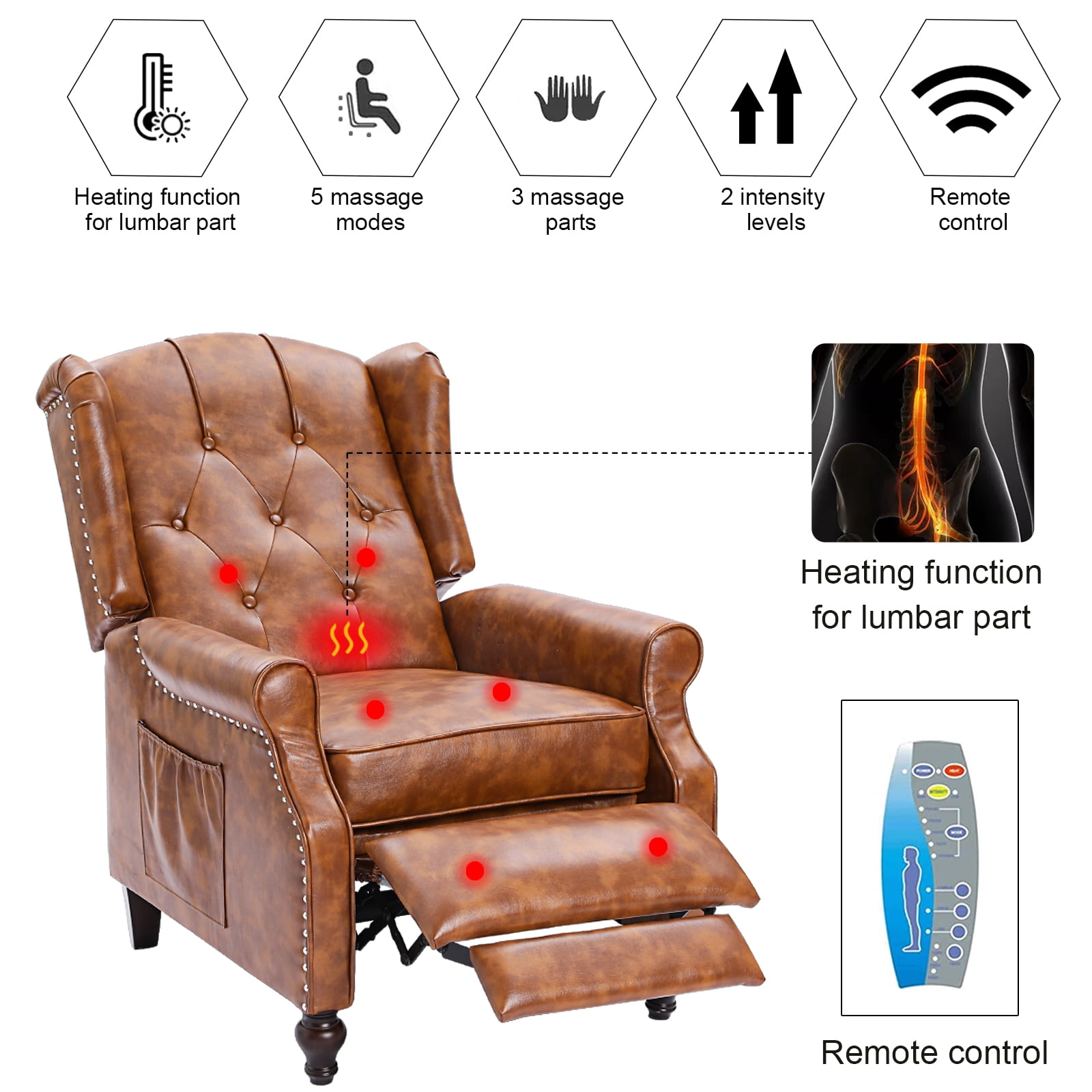 Recliner Wingback Chair - PU Leather Arm Chair Recline Heating Function, Adjustable Backrest,Brown