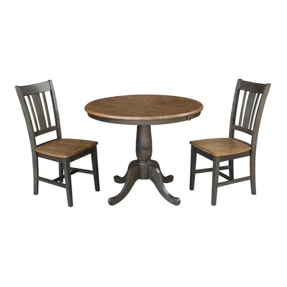 36" Round Wood Extension Dining table with 2 Chairs in Hickory/Washed Coal