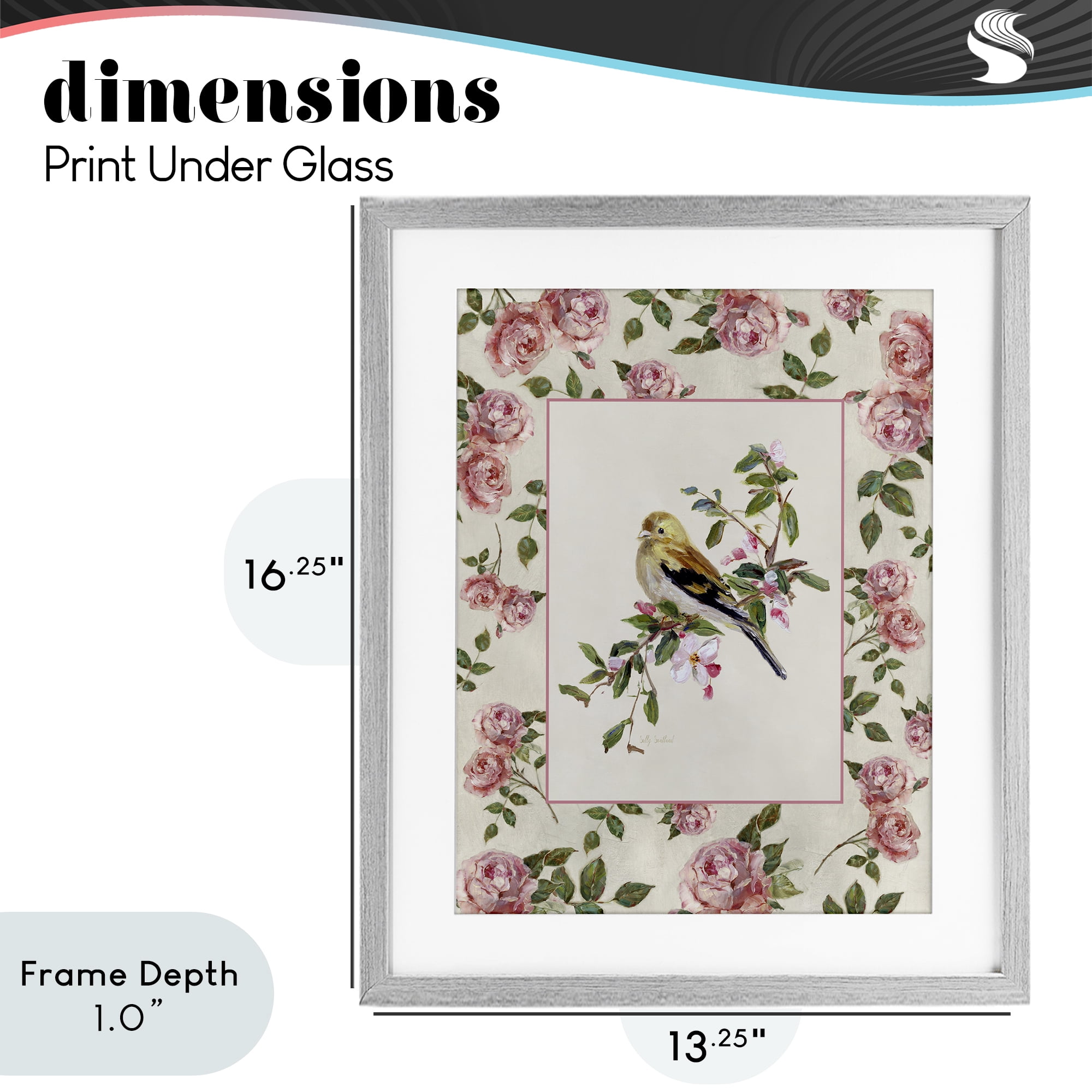 Stupell Industries Perched Bird with Dainty Roses Gray Framed Print Under Glass, design by Sally Swatland