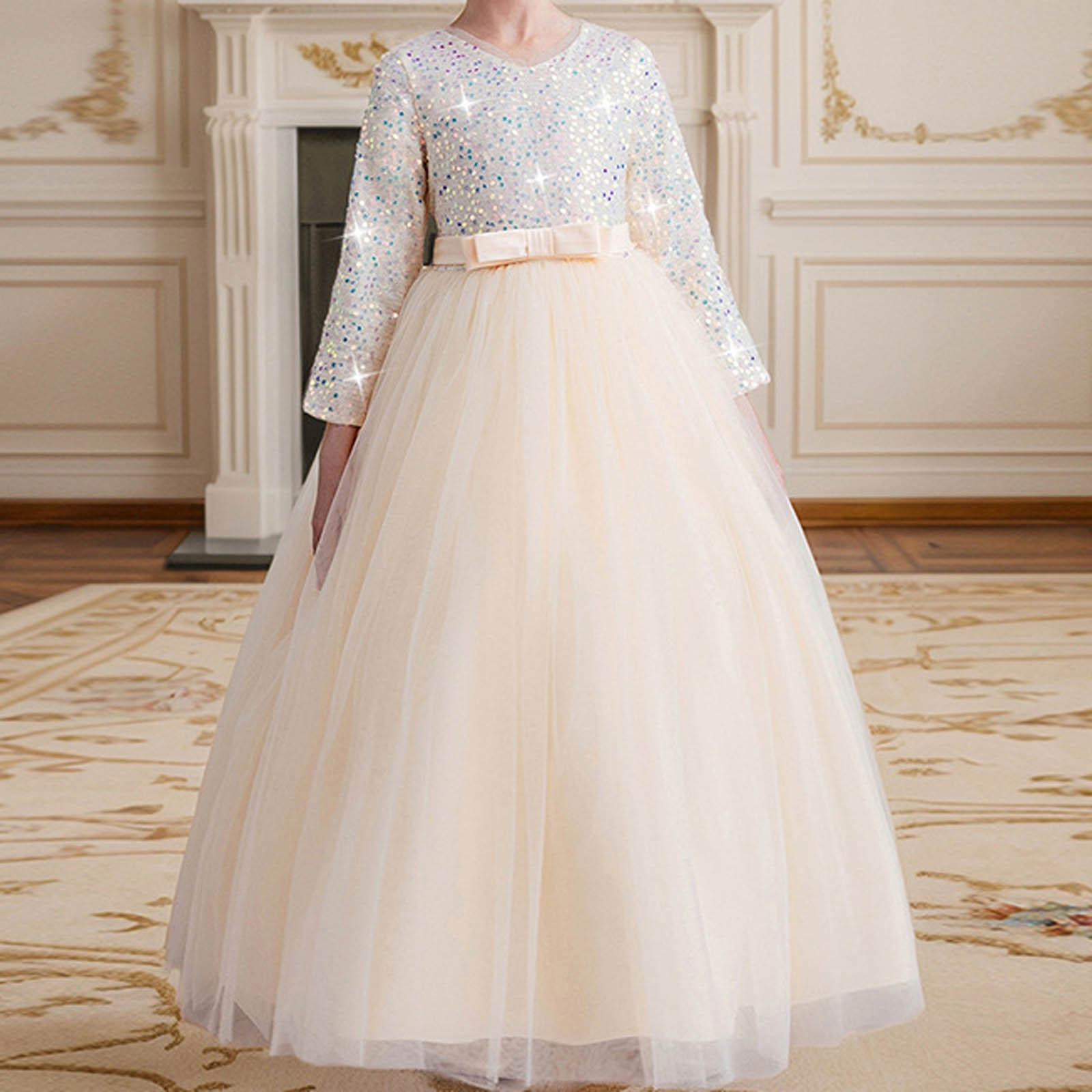 JSGEK Floral Girls Vintage Lace Long Sleeve Bridesmaid Dress Princess Wedding Party Pageant Evening Formal Prom Ball Gown Beige 7-8Years