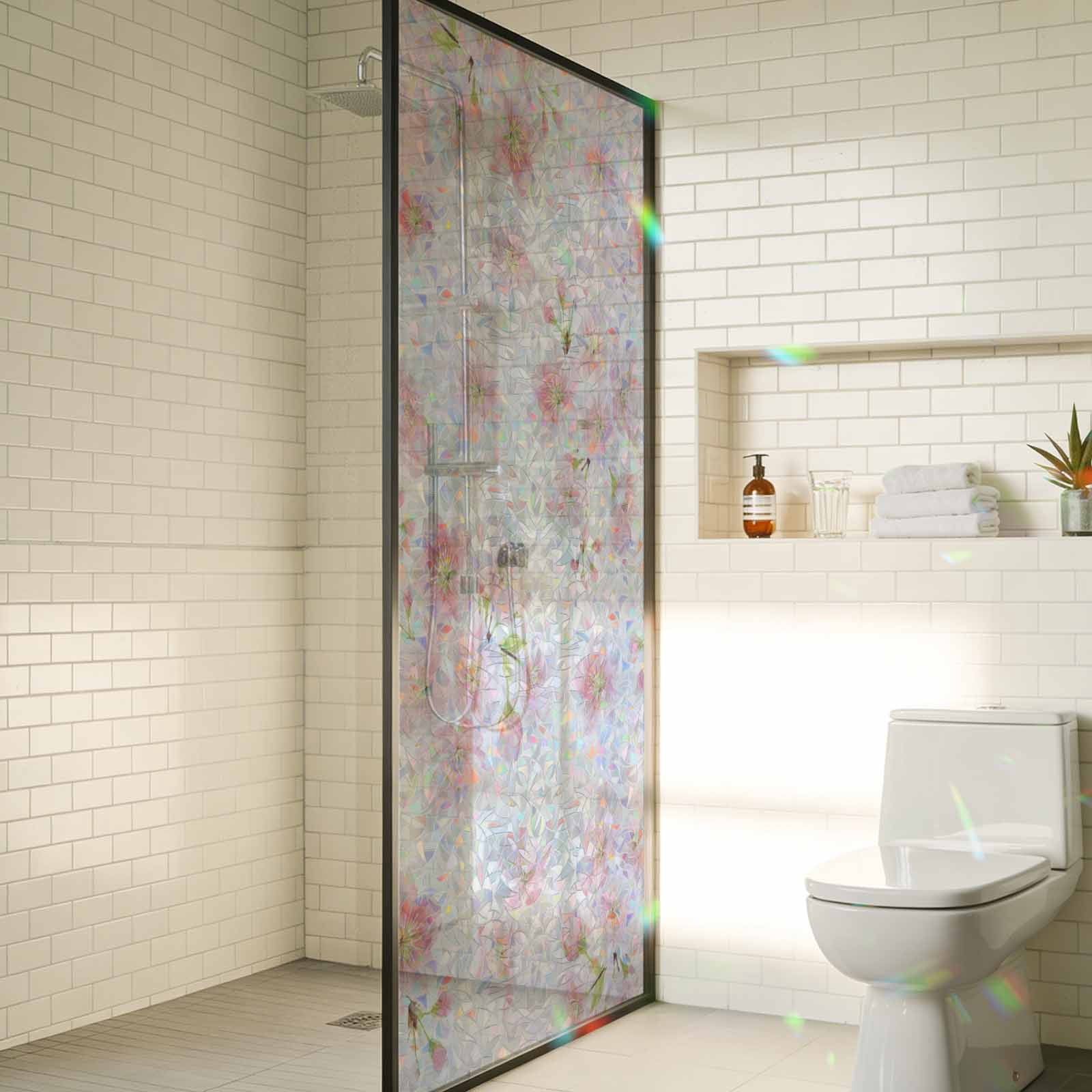 Pink Floral Window Privacy Film Stain Glass,Reusable Decorative Rainbow Window Film,Modern Farmhouse Aesthetic Shabby Chic Flower Static Cling Sun Blocking Stickers Decals Covers 23.6" x 59" (2pcs)