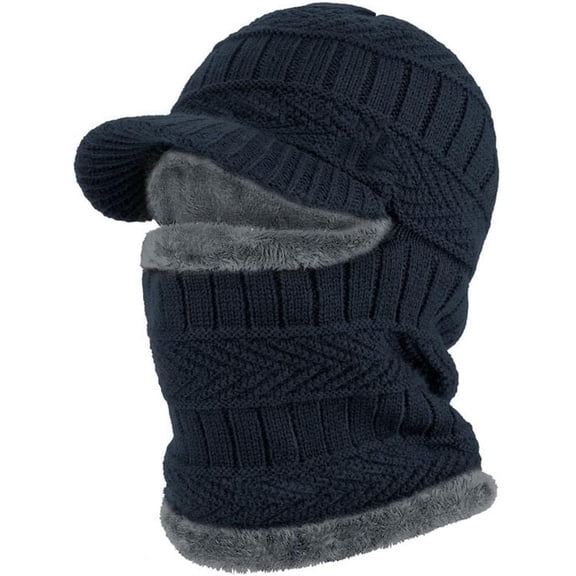 Winter Knit Hat with Visor Face Cover & Neck Warmer, Fleece Lined Winter Hat, Ear Flap Beanie for Men Women Outdoor