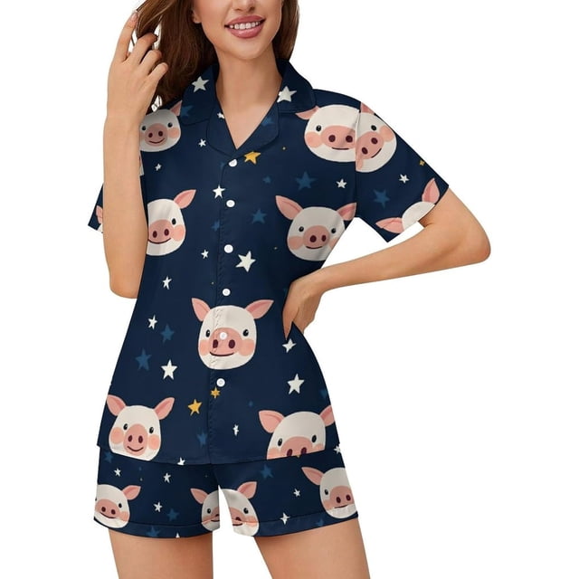 SKQIT Ensembles de Pyjama à Manches Courtes pour Femmes, 2 Pcs Imprimé Mignon Chemise Boutonnée en Satin Doux et Shorts