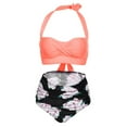 thumbnail image 3 of Women Vintage Swimsuit Two Piece Retro Halter Ruched High Waist Print Bikini Set, 3 of 8