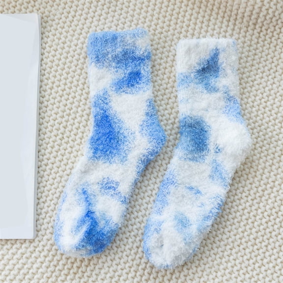 Blue Tie Dye Fuzzy Socks for Women - Ultra Soft Fluffy Warm Crew Socks, One Size Cozy Lounge House Socks,Size Free Size