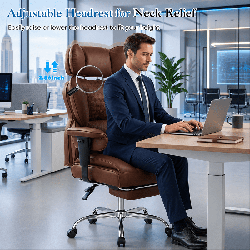 Simple Deluxe Big and Tall Office Chair 350 lbs, PU Leather Executive Desk Chair with Footrest, Pocket Spring Cushion, Ergonomic Reclining Computer Chair for Home Office, Brown
