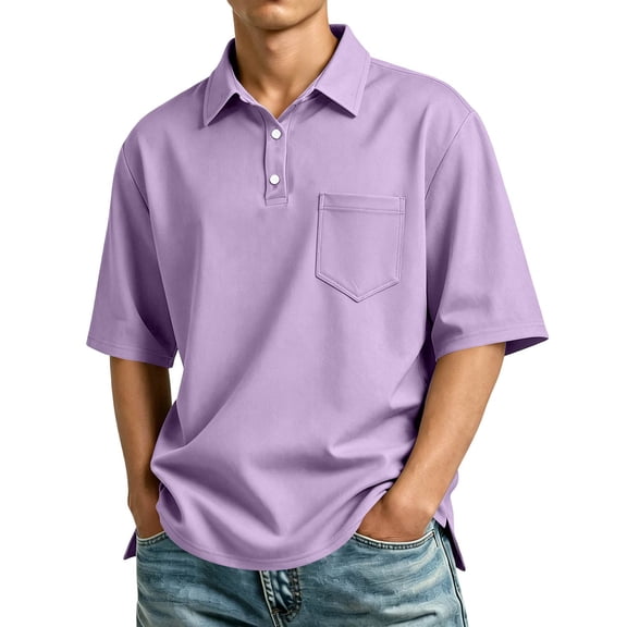 Men's Short Sleeve Polo Shirt with Chest Pocket, Relaxed Fit Breathable Business Casual Golf Tee for Men Light Purple XL