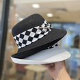 thumbnail image 4 of Sombrero de paja estilo Hepburn para mujer, sombrero de paja estilo Hepburn, Vintage, elegante, a cuadros, con diseño de lado ancho, protección UV, flexible, para vacaciones en la playa, 4 of 4