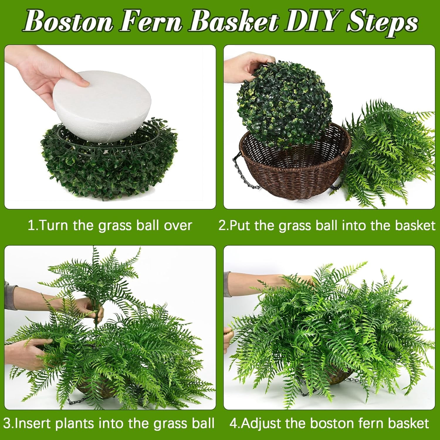 Yastouay Artificial Hanging Ferns Fake Boston Ferns with Basket Outdoor Faux Plants for Home Garden Porch Decor,2 Pcs