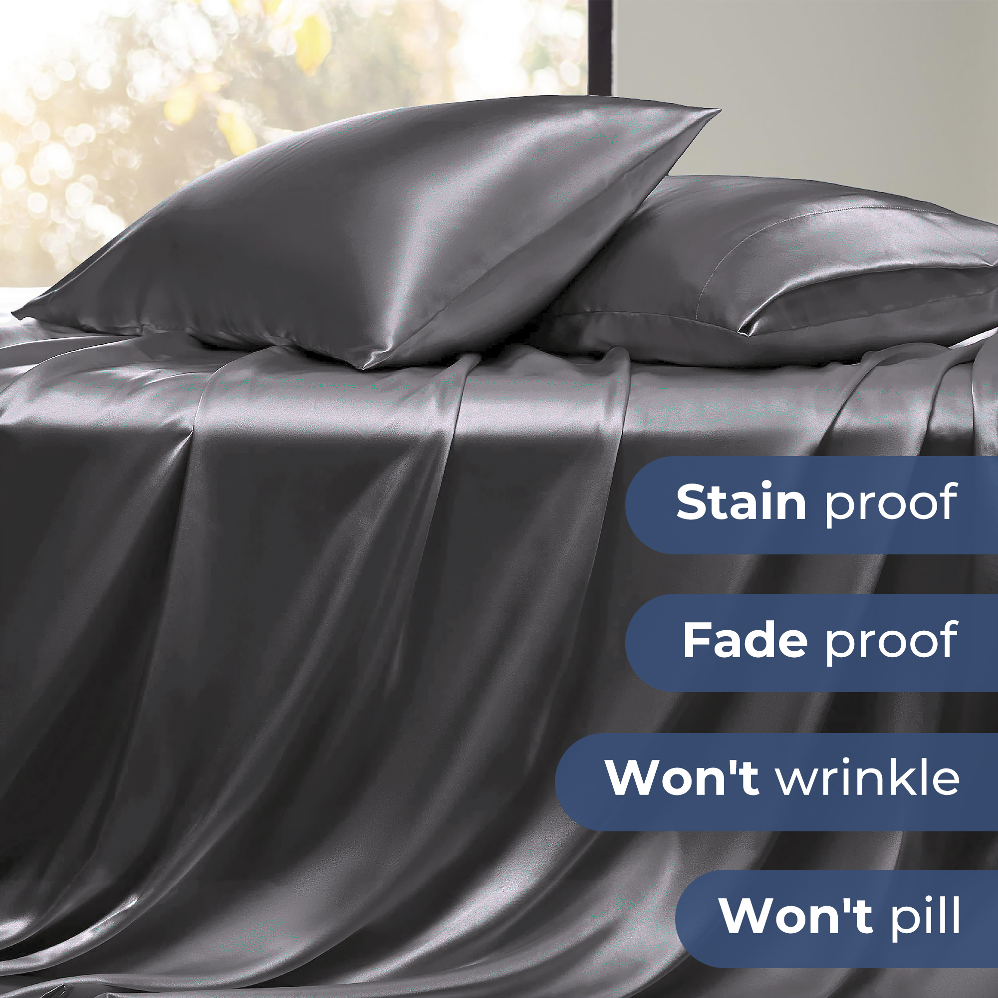 Seasonwood Queen Satin Sheet Set, 4-Piece, Dark Gray photo 3