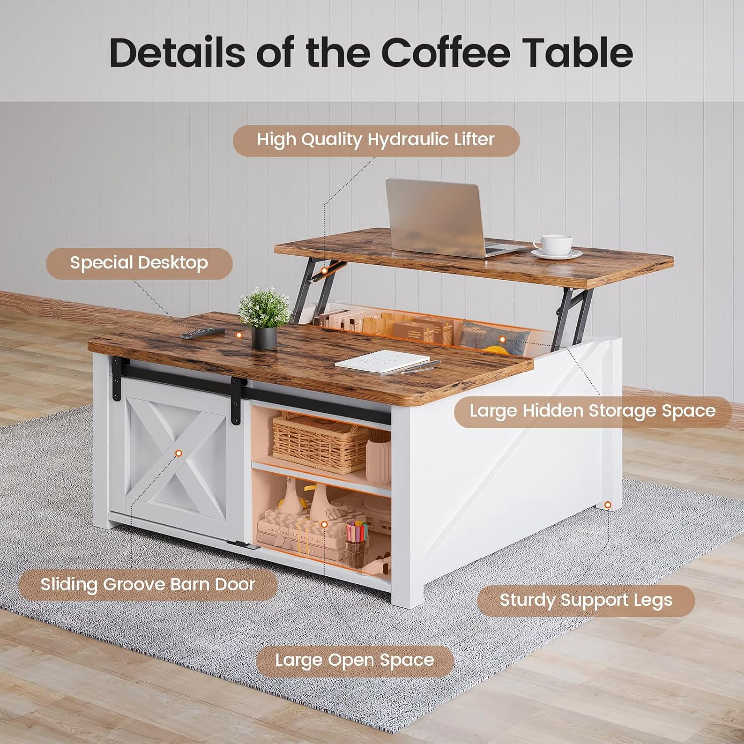 31.5" Square Lift Top Coffee Table, Farmhouse Coffee Table with Ample Storage, Wood Center Table with Sliding Doors and Large Hidden Space for Living Room Home Office, White