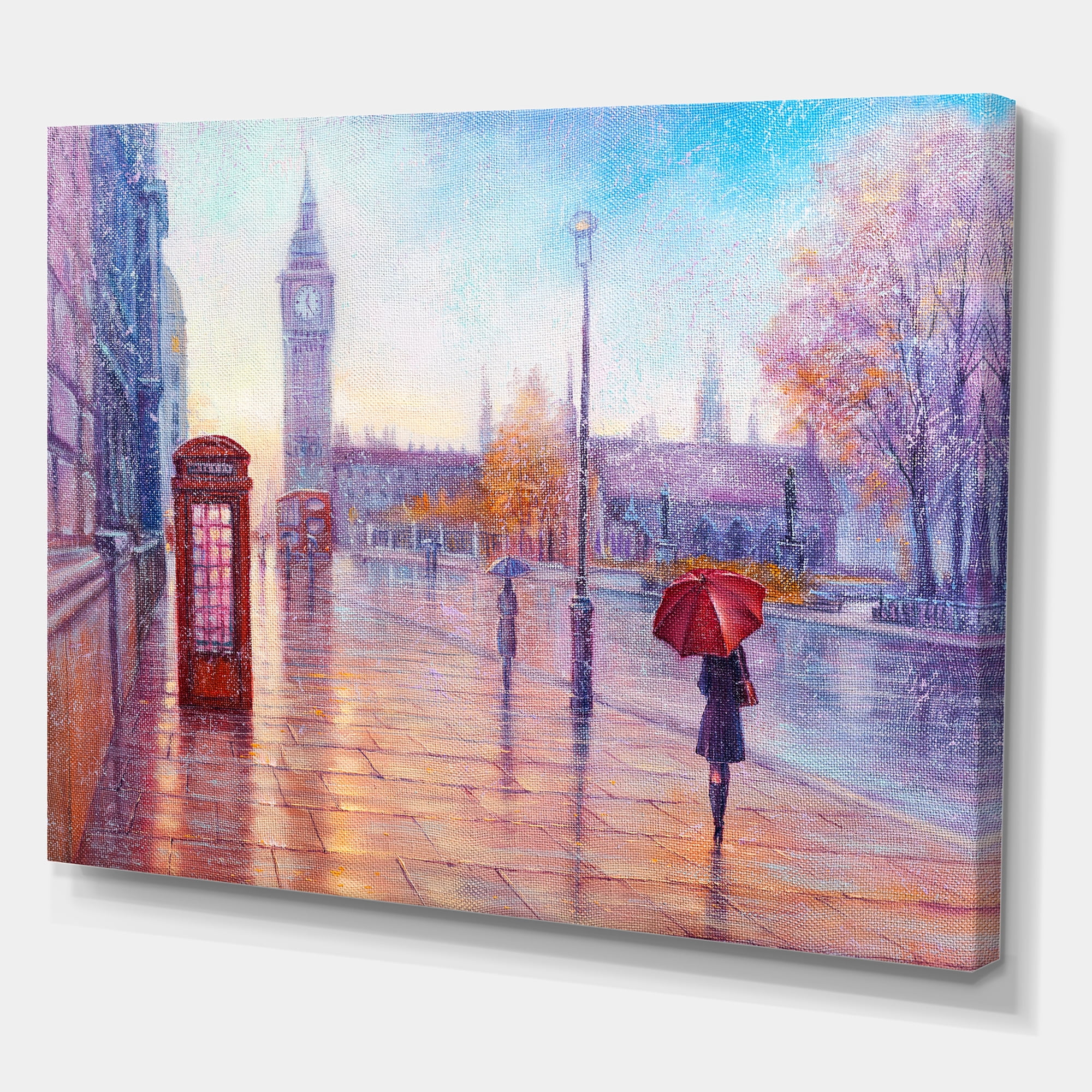 Designart ' Big Ben and Woman With Red Umbrella In London Street ' French Country Canvas Wall Art Print