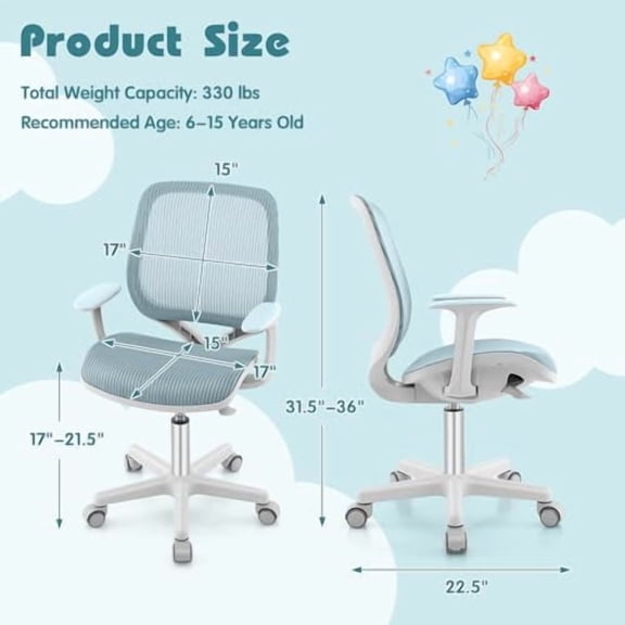 Kids Desk Chair, Children Study Chair with Armchair, Sit-Brake Casters, Height Adjustable Swivel Kids Computer Chair for Home,School, Desk Chair for Girls & Boys (Blue)