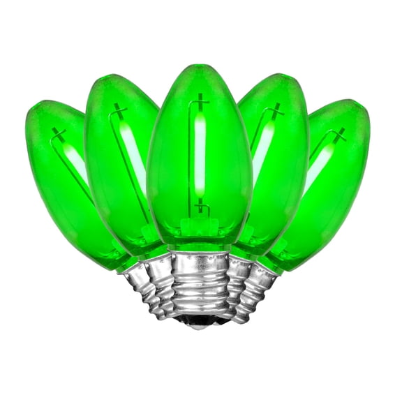 Novelty Lights 25 Pack C7 LED Filament Bulbs, Green Shatterproof Plastic Replacement Christmas Lights, E12 Base, Indoor/Outdoor Strings, Dimmable