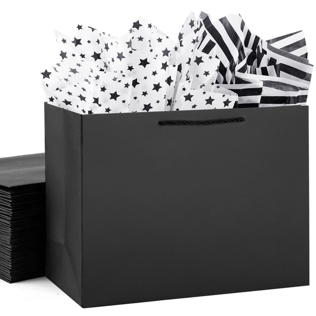 Bolsas de Regalo OfficeCastle Extra Grandes Negras Paquete de 10 + Papel de Seda