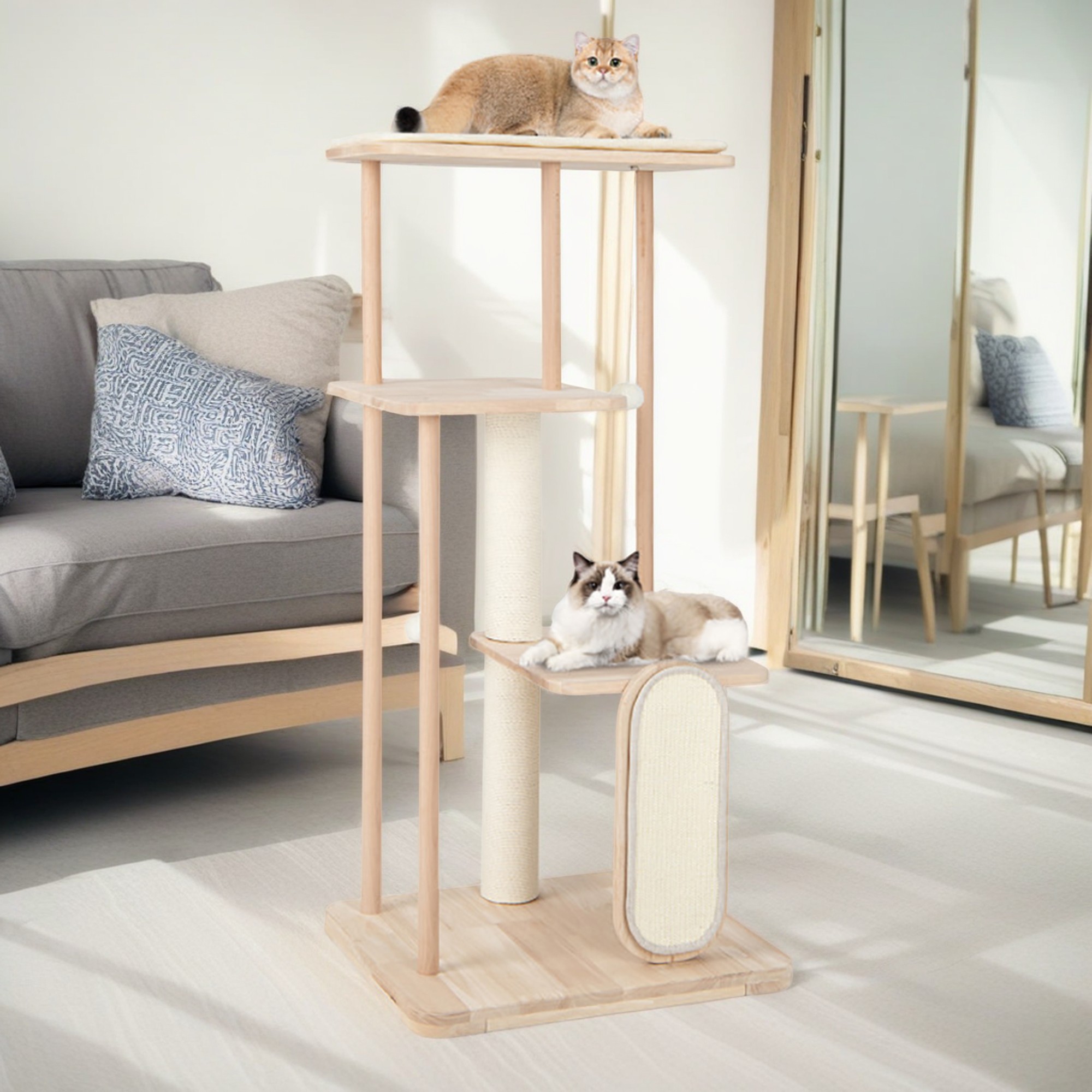 Kadyn 50" Wood Cat Tree Tower Furniture, Cat Condo with Scratching Board and Post for Kittens Cat Tree House, Beige