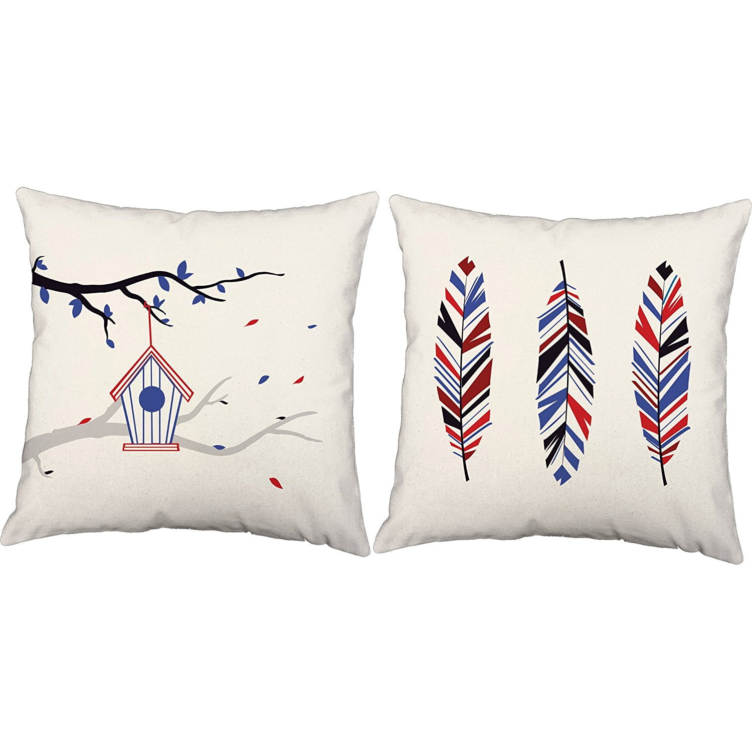 Set of 2 Patriotic Feathers Throw Pillows 16x16 White IndoorOutdoor