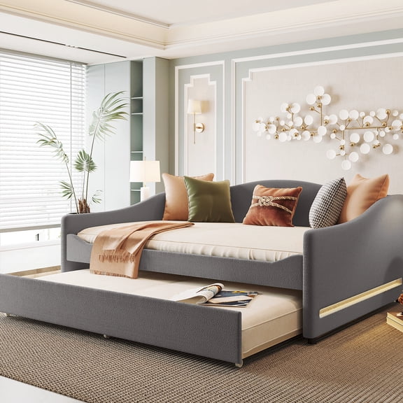 Stylish Full Size Upholstered Daybed With Gray Fleece And Compact Trundle Design For Small Spaces Rotating Storage - Convenient Solution
