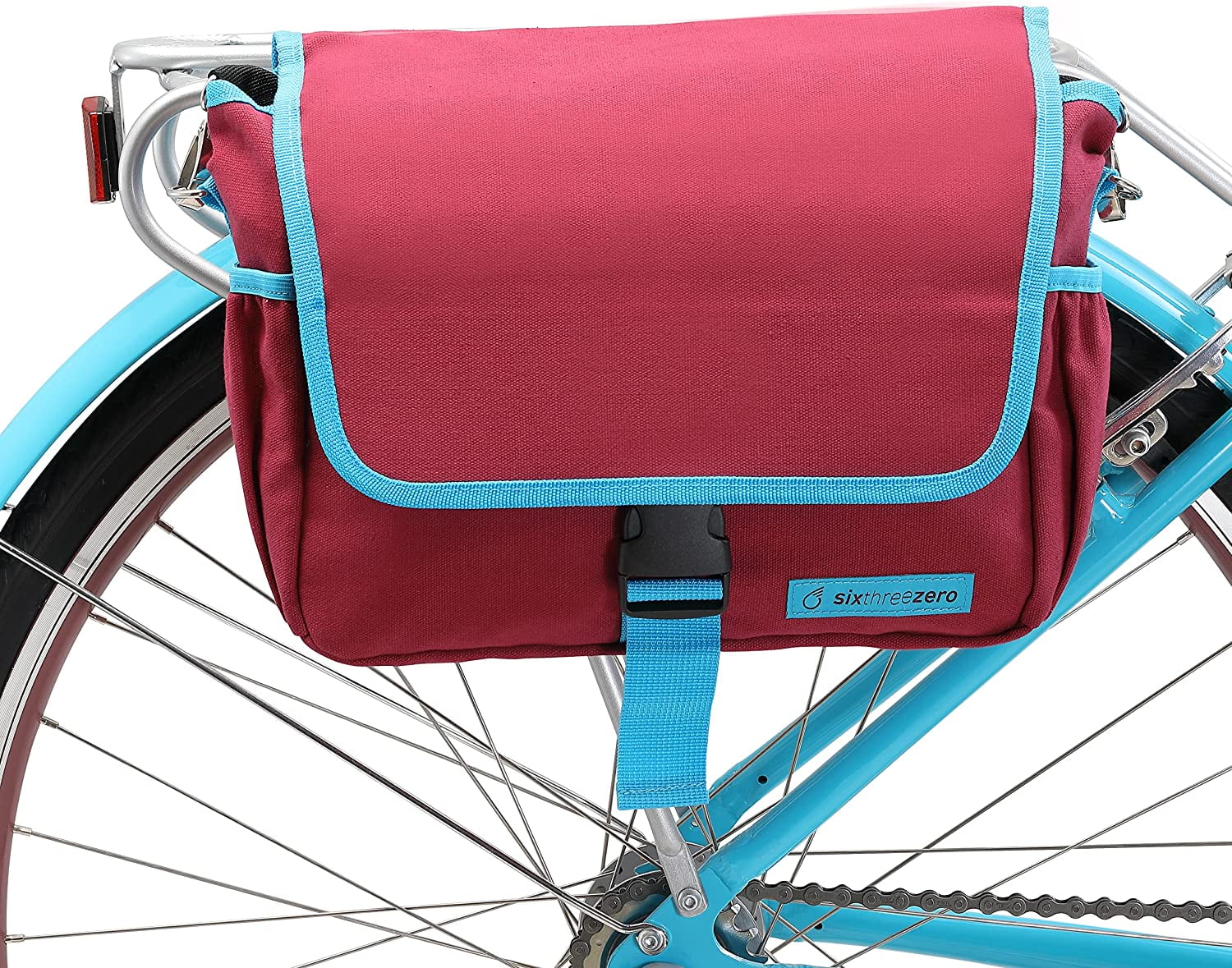 sixthreezero Bicycle Pannier Bag Rear Rack Trunk with Waterproof, Clip On Frame Mount, Shoulder Strap, Burgundy, Red and Blue