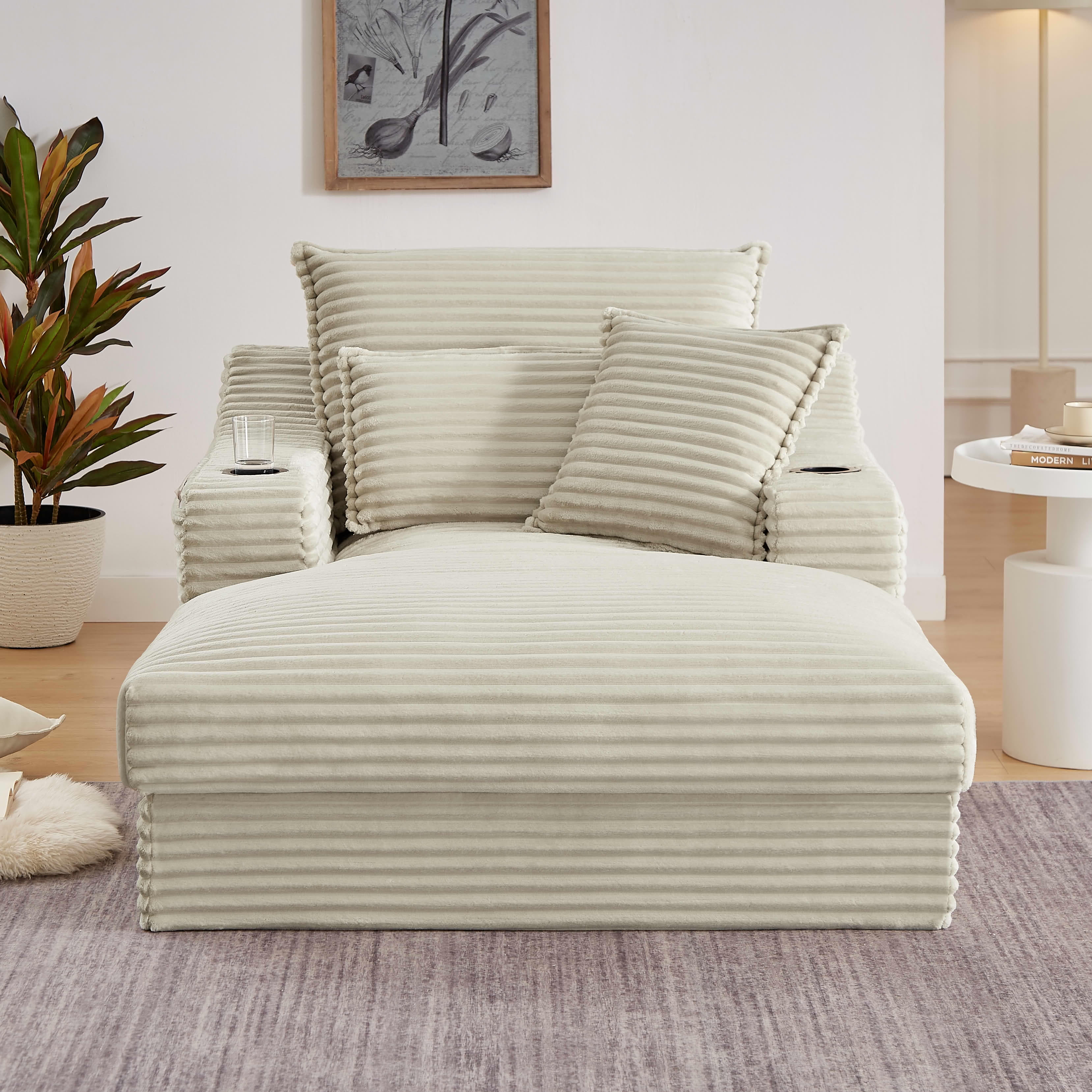 MAYEERTY Modern Compression Lounge Chair, Soft Corduroy Chaise Sofa with Cup Holders for Bedroom & Office, 47" Camel
