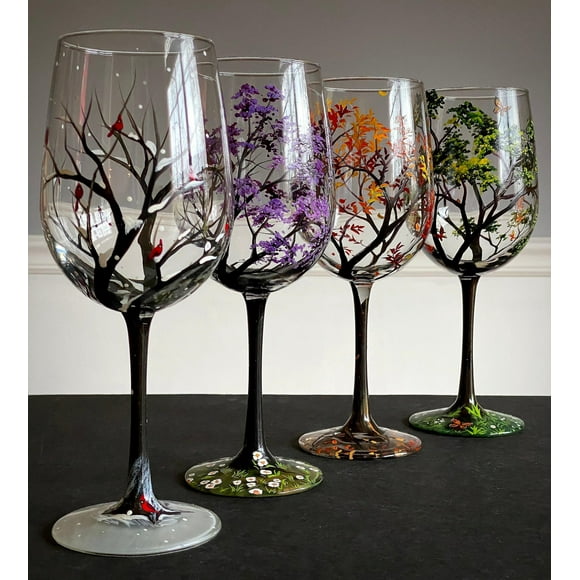 Four Seasons Tree Wine Glasses Spring Summer Winter Fall Set Of Four Hand Painted Art Unique Wedding Anniversary Birthday Housewarming Gift(free Shipp