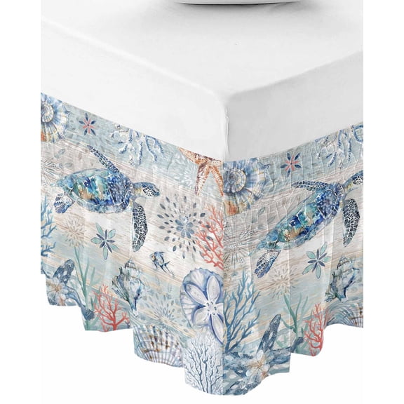 Ocean Turtle Wrap Around Bed Skirts for Queen Bed 16" Drop,Bed Skirt with Adjustable Elastic Belt Dust Ruffle Bed Valance for Bedroom Hotel Coral Vintage Blue Shell Coastal Conch Bed Frame Cover