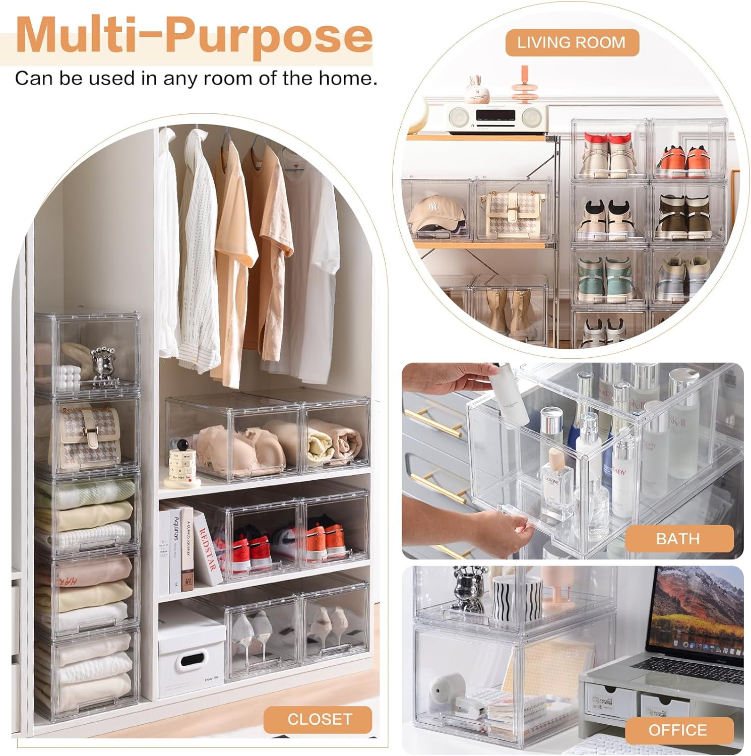 2 Packs Plastic Stackable Storage Organizer Bins with Pull Out Drawer,  Large Clear Acrylic Storage Drawers Container Boxes for Fridge Pantry Shelf Refrigerator Organization and Storage