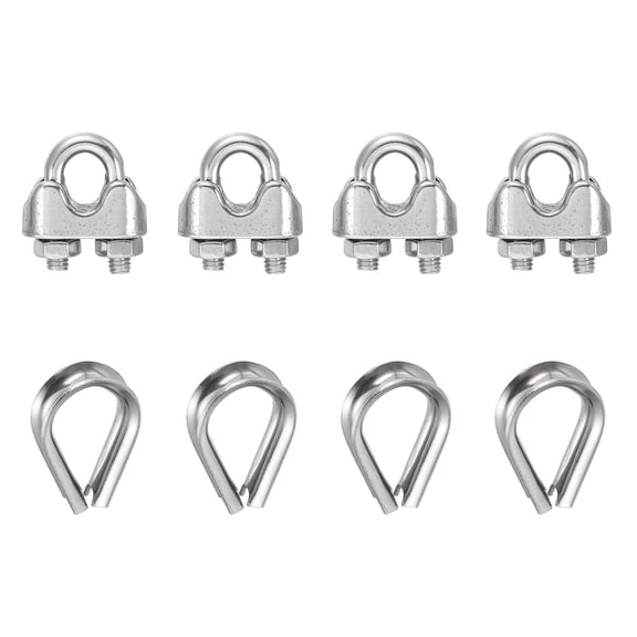 Uxcell 4Set Wire Rope Cable Clip Clamps 5/32 Inch M4 Small 304 Stainless Steel U Bolt Saddle Fasteners Hardware with Thimble for Secure Rigging Marine Guy Line Fence Clothesline, Silver
