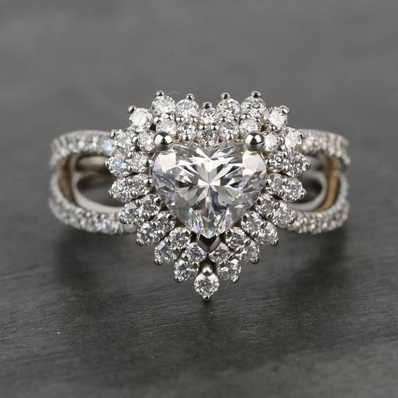 Bow Jewelry 14K White Gold Plated 1.87 Ct Heart Cut Moissanite Ring - Gorgeous Double Halo Engagement Ring for Women - Elegant Valentine Heart Shape Proposal Ring for Her - Birthday Gifts