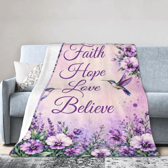Christian Faith Blanket Gift Throw Blanket Cozy Soft Purple Floral Hummingbird Inspirational Gift for Women 50x40