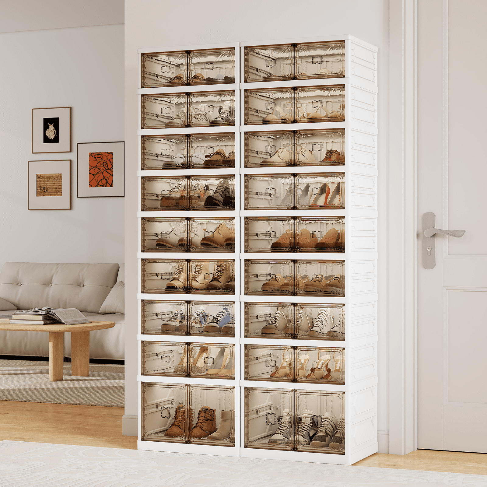 Bezliving 9-Tier Foldable Shoe Rack Organizer, 36 Pairs Stackable & Collapsible Shoe Cabinet with Transparent Doors & Leather Handles, Space-Saving Storage for Entryway, Closet, Kitchen, White