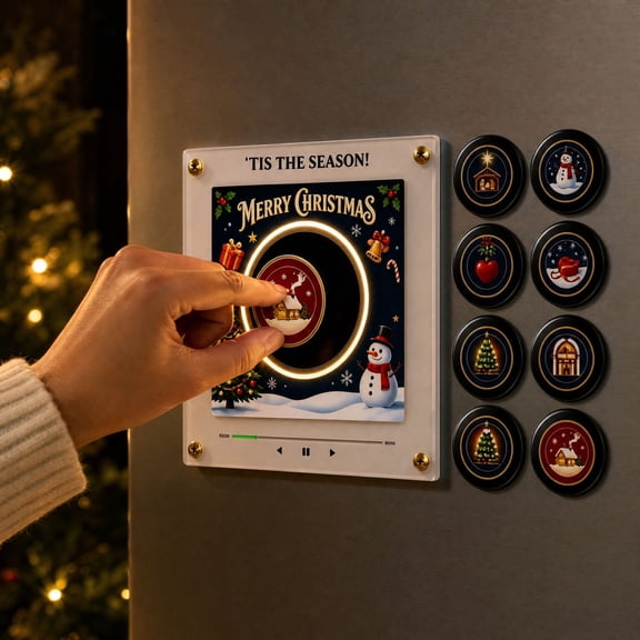 Clearance Mini Christmas Magnetic Jingle Music Box, Vinyl Record Fridge Player with NFC 9-Disc Set, LED Light, Swappable Music Records, Compact Holiday Refrigerator Decor, Christmas Gifting