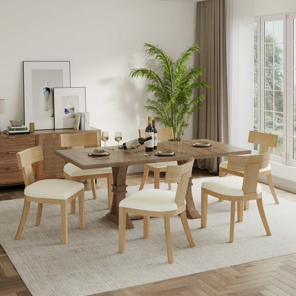 GDF Studio Rustic 7-Piece Dining Set with Expandable Table and Upholstered Chairs, Solid Wood Frame, Beige Tan