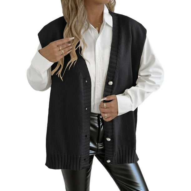 Chaleco de Punto Sin Mangas para Mujer, con Cuello en V, Botones, Informal, Holgado, para Otoño e Invierno. Negro Talla Única
