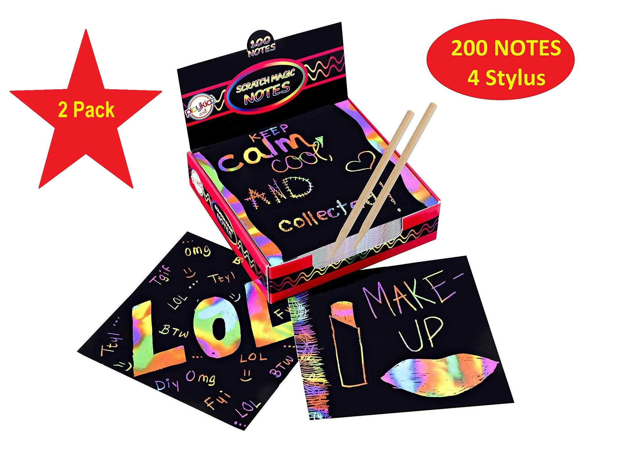 LISJFS Scratch Notes Set,Scratch Doodle Art with 100 Holographic Rainbow Paper,2 Stylus,2 Magic Notes Multicolor