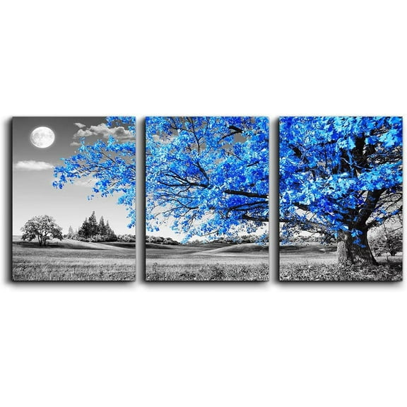 Wall Art For Living Room black and white Blue tree moon Canvas Wall Decor for Home artwork huge Painting 16" x 24" 3 Pieces Canvas Print For bedroom Decor Modern Salon kitchen office Hang a picture