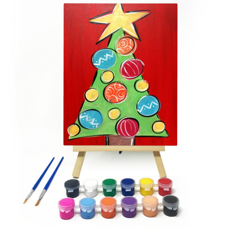 Vertall Christmas Art Paint Kits 2-Pack w/Canvas Boards Includes 12 Color Acrylic Paint Set & 2 Brushes - Snowman W/Reindeer & Xmas Tree