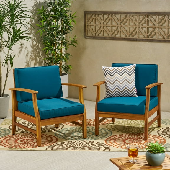 Oceana Outdoor Teak Finished Acacia Wood Club Chairs with Cushions, Blue.