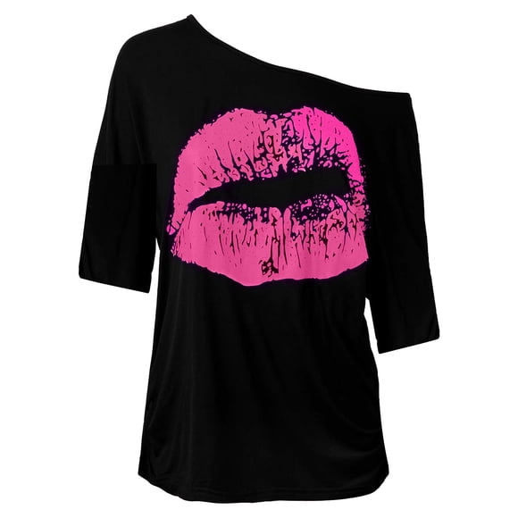 Hontri Plus Size Tops, Women's Casual Off Shoulder Shoulder Nostalgic Big Lip Print 80S Clothing Women's Shoulder Medium Sleeved T Shirt Top Pink Xxl under $10