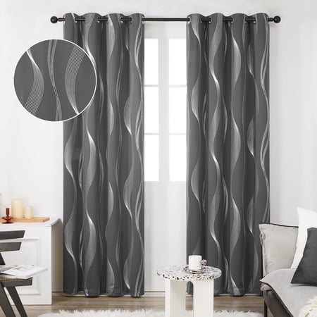 Deconovo Silver Wave Foil Printed Blackout Curtains Grommet Top Window Drapes for Kids Room (52 x 63 inch Dark Gray 2 Panels)