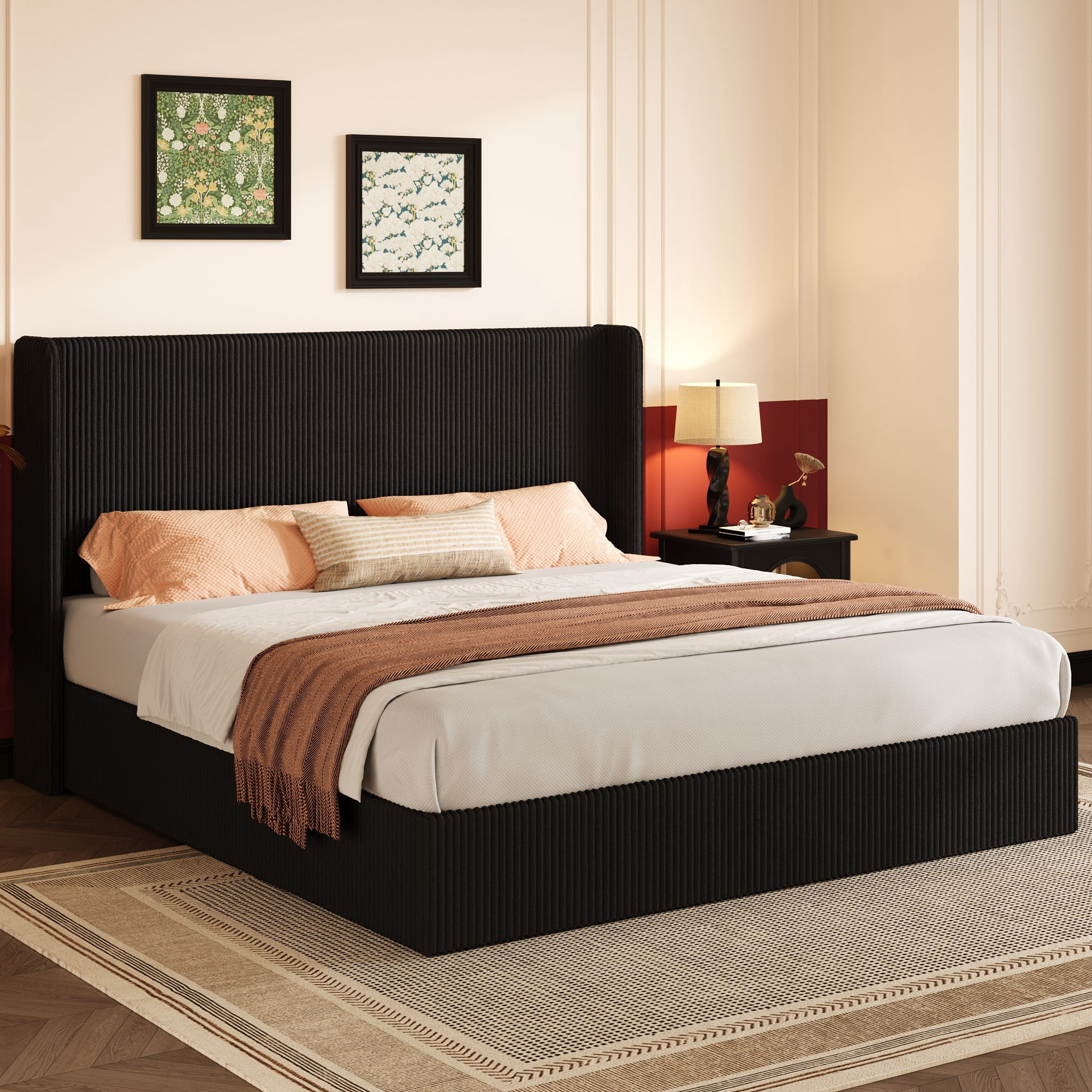 Einfach King Size Hydraulic Lift Up Storage Bed Frame, Corduroy Upholstered Wingback Headboard, Ample Under-bed Storage, Black