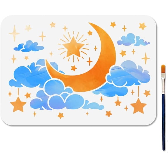 A4 Moon Nebula Stencil Stars Clouds Stencil with Paint Brush 11.7×8.3inch Reusable Night Sky Wall Art Template for Wood Window DIY Craft Photo Album Colorful