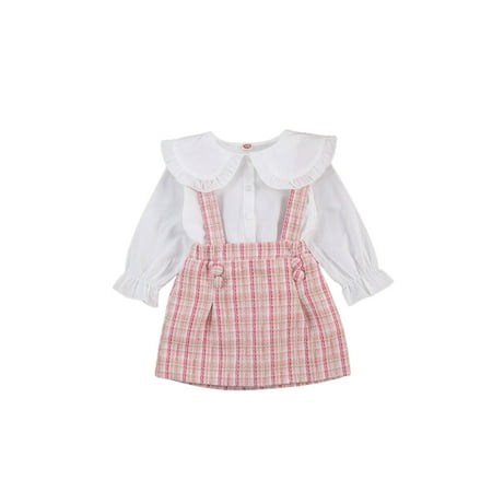 

Fanvereka Toddler Baby Girls Skirt Sets Doll Collar Long-Sleeved Shirt + Plaid Strap A-line Skirt