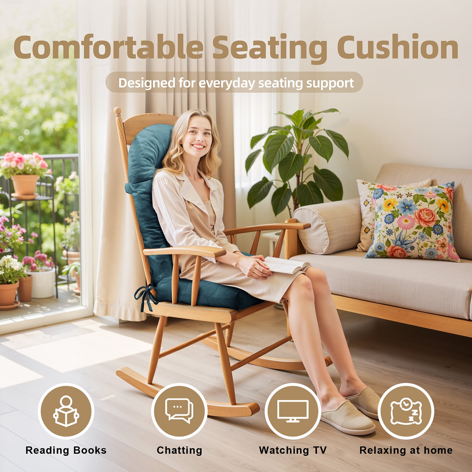 Millsilo Rocking Chair Cushion Set 44" x 19" x 4", High Back Tufted Cushion, Soft Breathable Corduroy Fabric, Non-Slip, Light Blue