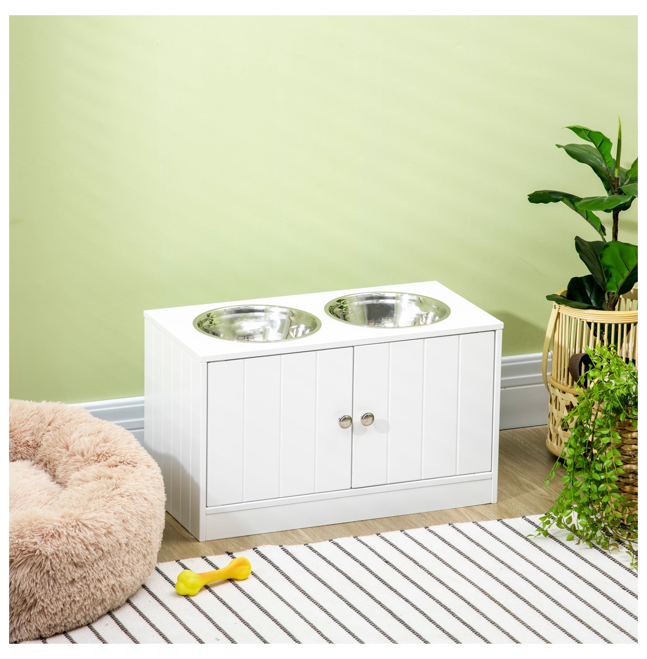 Large Elevated Dog Bowls with Storage, Raised Dog Feeder Stand, 44L Cabinet, Stainless Steel Bowls, White Pet Feeding Station